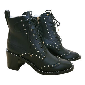 Jimmy Choo Hanah 65 Black Leather Pearl Studded Lace Up Combat Boots Ankle 8 38